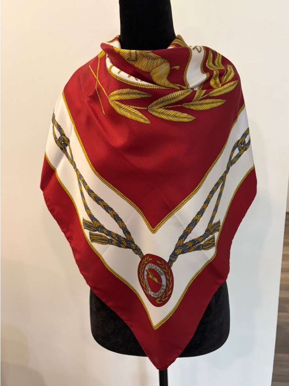 Longchamp Silk Scarf Red and White Hand Rolled Made in Italy